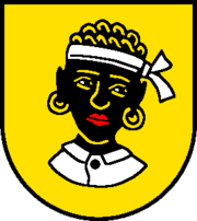 Wappen Flumenthal dunkelhäutige Frau mit Ohrringe gelber Hintergrund