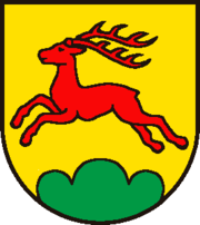 Wappen Guensberg roter Hirsch springt über Busch