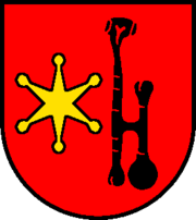 Wappen Hubersdorf rechts sechsstrahliger Kugelstern links schwarzes StossHufmesser