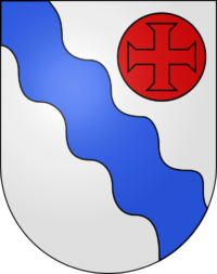 Wappen Gemeinde Niederbipp Fluss mit rotem Kreuz rechts