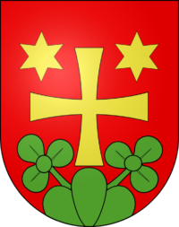 Wappen der Gemeinde Attiswil mit einem gelben Kreuz, zwei gelben Sterne und zwei dreiblättrigen Kleeblättern auf rotem Untergrund - Peter Leuenberger AG ist Ihr profesioneller Kaminfeger in Attiswil