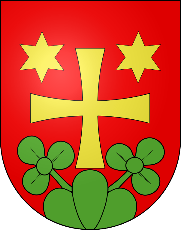Wappen der Gemeinde Attiswil mit einem gelben Kreuz, zwei gelben Sterne und zwei dreiblättrigen Kleeblättern auf rotem Untergrund - Peter Leuenberger AG ist Ihr profesioneller Kaminfeger in Attiswil