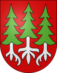 Wappen Gemeinde Heimenhausen roter Hintergrund drei Tannenbäume Wurzel
