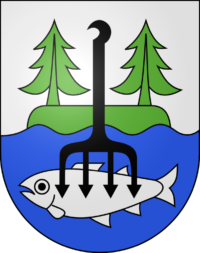 Wappen Gemeinde Inkwil zwei Tannenbäume Wasser Fisch Fangen