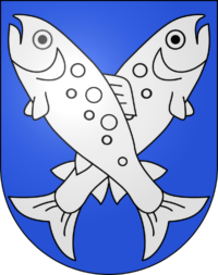 Wappen Gemeinde Niederoenz blauer Hintergrund zwei Fische