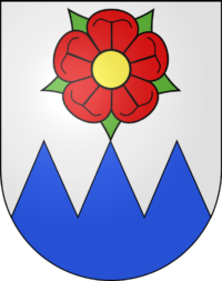Wappen Gemeinde Rumisberg blaue Berge rote Blume