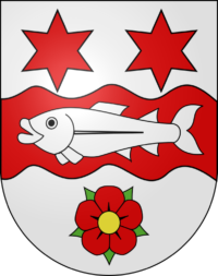 Wappen Röthenbach Herzogenbuchsee Sterne weiss Fisch rot Blume