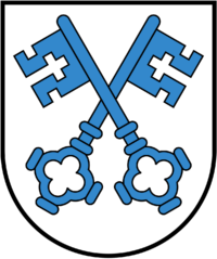 Das Wappen der Gemeinde Wangen hat einen weissen Hintergrund mit zwei gekreuzten blauen Schlüsseln - Peter Leuenberger AG, ist Ihr Kaminfeger, Feuerungskontrolleur und Profi für Heizungsreinigung in der Region