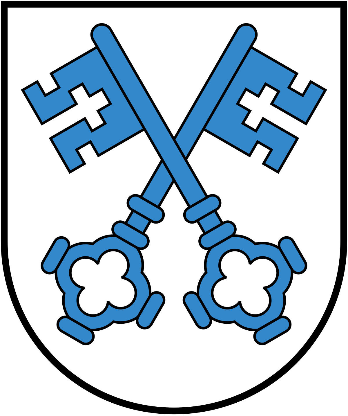 Das Wappen der Gemeinde Wangen hat einen weissen Hintergrund mit zwei gekreuzten blauen Schlüsseln - Peter Leuenberger AG, ist Ihr Kaminfeger, Feuerungskontrolleur und Profi für Heizungsreinigung in der Region