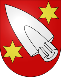 Wappen Wanzwil Speerspitze roter Hintergrund zwei gelbe Sterne