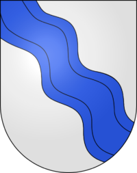 Das Wappen der Gemeinde Wiedlisbach hat einen grauen Hintergrund mit einem quer verlaufenden Fluss in Blau - Peter Leuenberger AG ist Ihr Kaminfegermeister und Profi für Ihre Heizungsreinigung in der Region Wiedlisbach