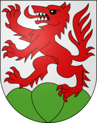 Wappen Wolfisberg roter Wolf grüne Hügelwiese weisser Hintergrund